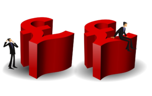 Illustration: Two Red £ Pound signs with one man sitting on top of one and one man standing next to the other