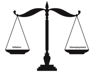 Scales balancing inflation on one side and unemployment on the other