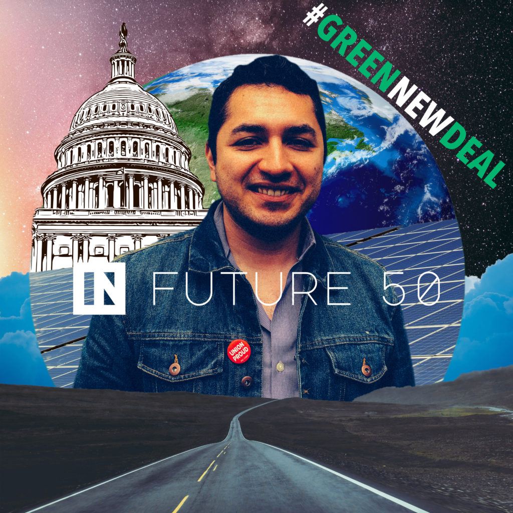 Andrés Bernal portrait with the Capitol and earth in background, road in foreground and slogans future 50 and #greennewdeal