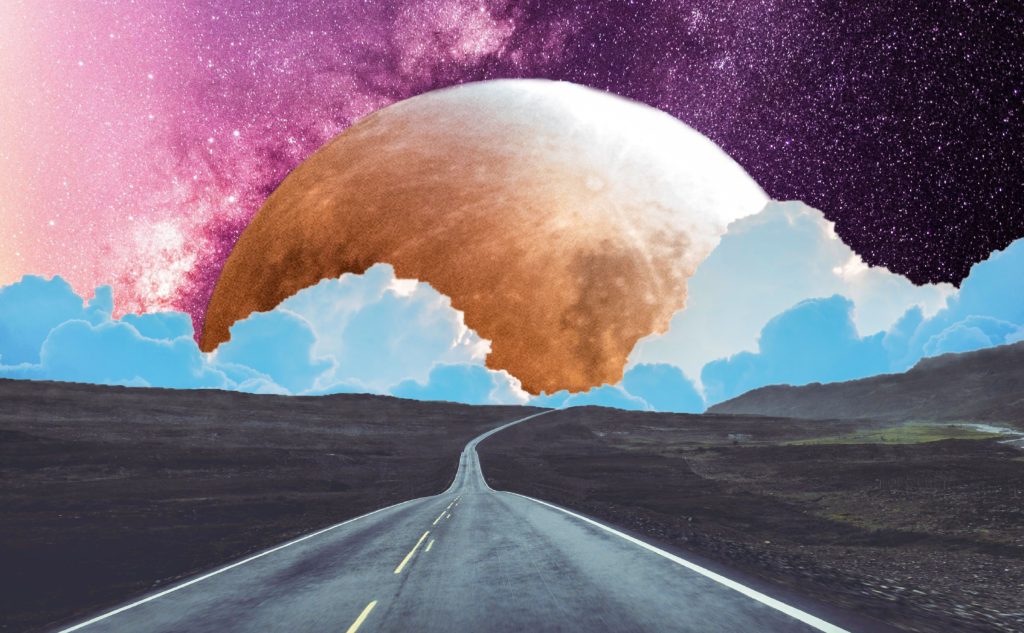 Illustration of road vanishing into the distance with clods on the horizon and a large red planet and night sky behind