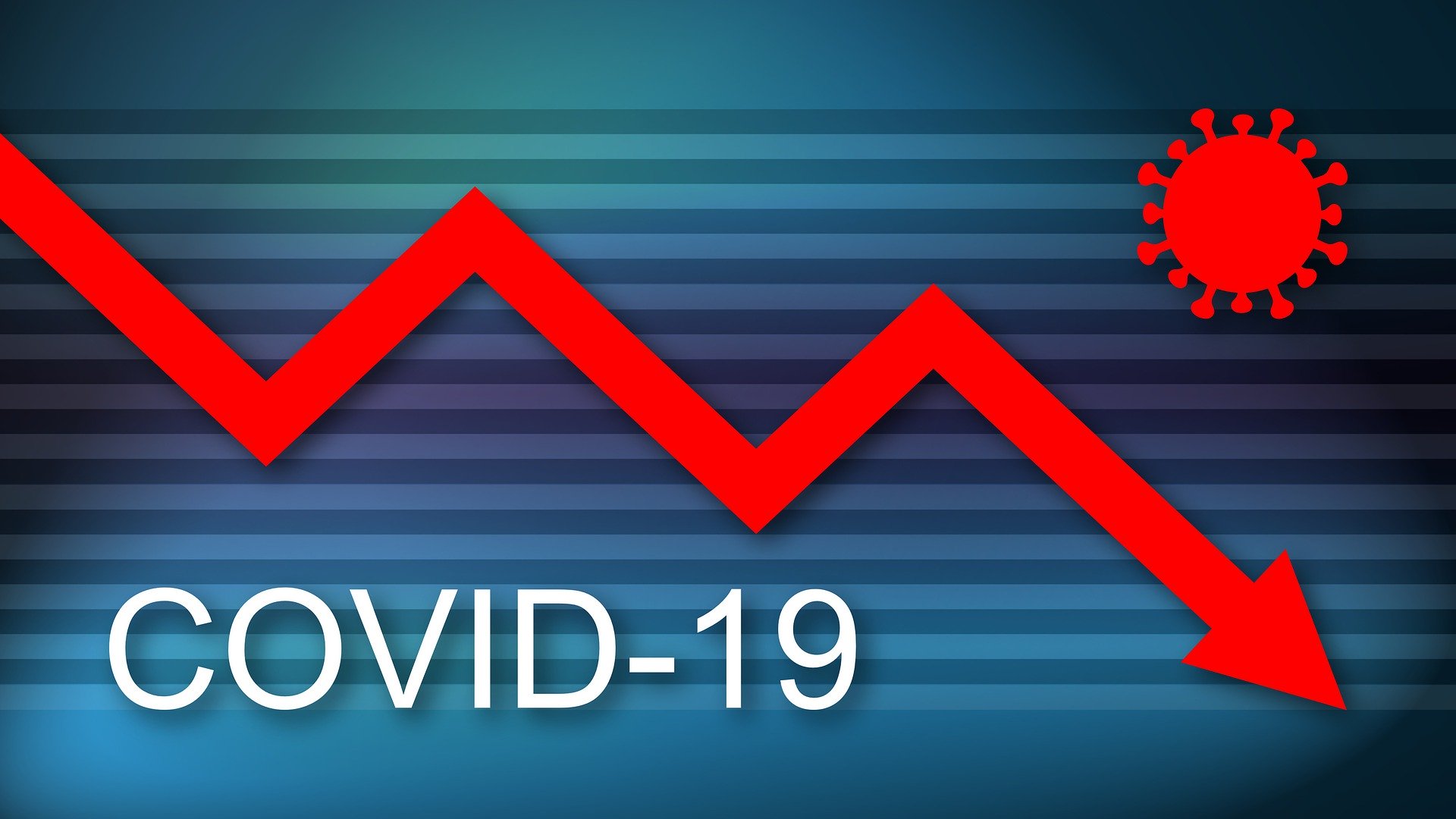 Line graph with downward trend, virus image and word COVID-19