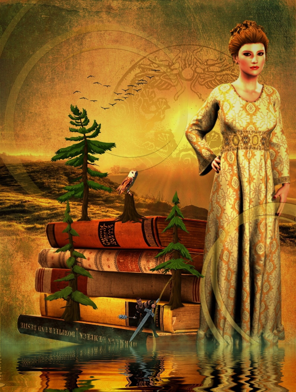 Fairy tale princess and books in fantasy land