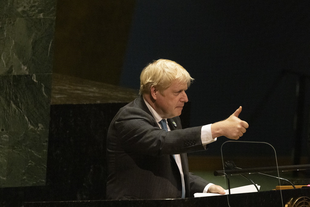 Boris Johnaon giving a thumbs up during his speech to the United Nations General Assembly in New York 23/09/2021