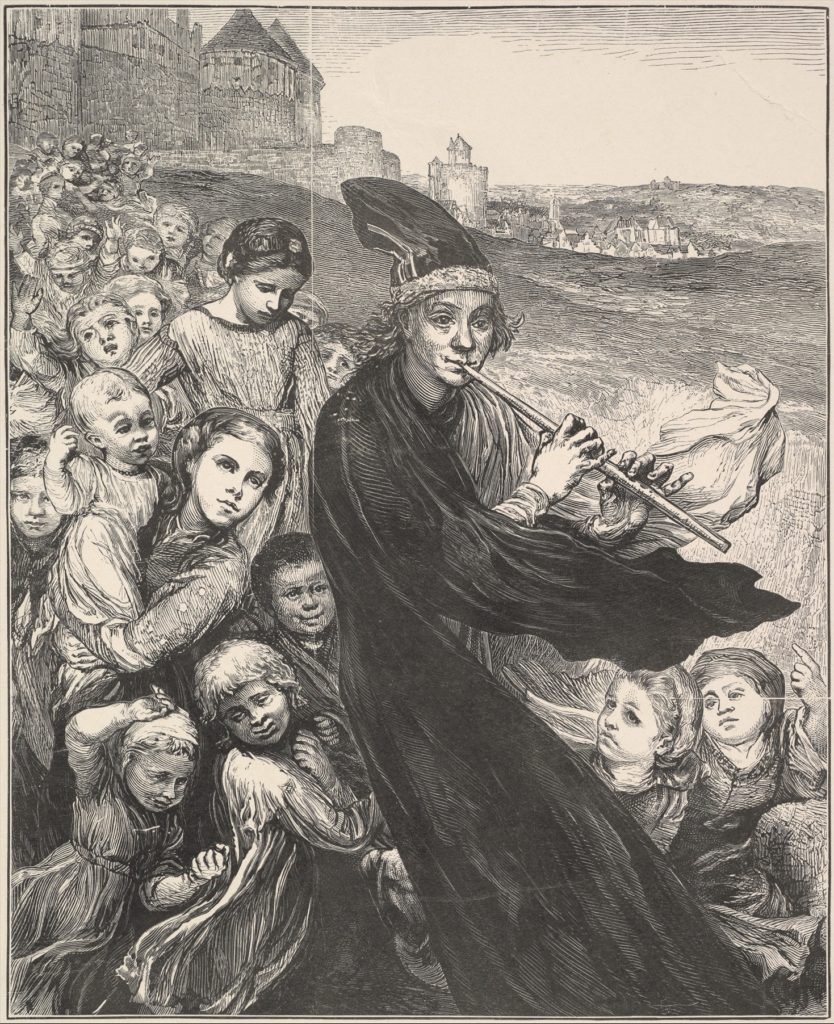 The Pied Piper of Hamelin playing his pipe and leading the children away from the town