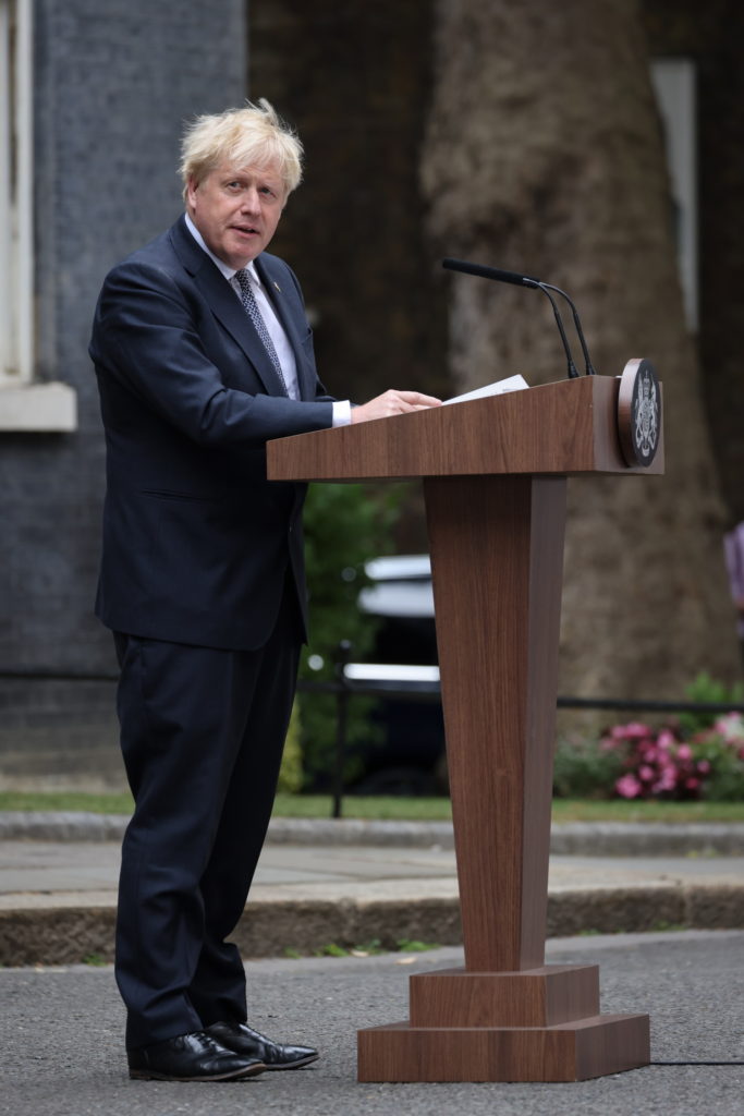 Boris Johnson making resignation speech at lectern, No 10 Downing steet
